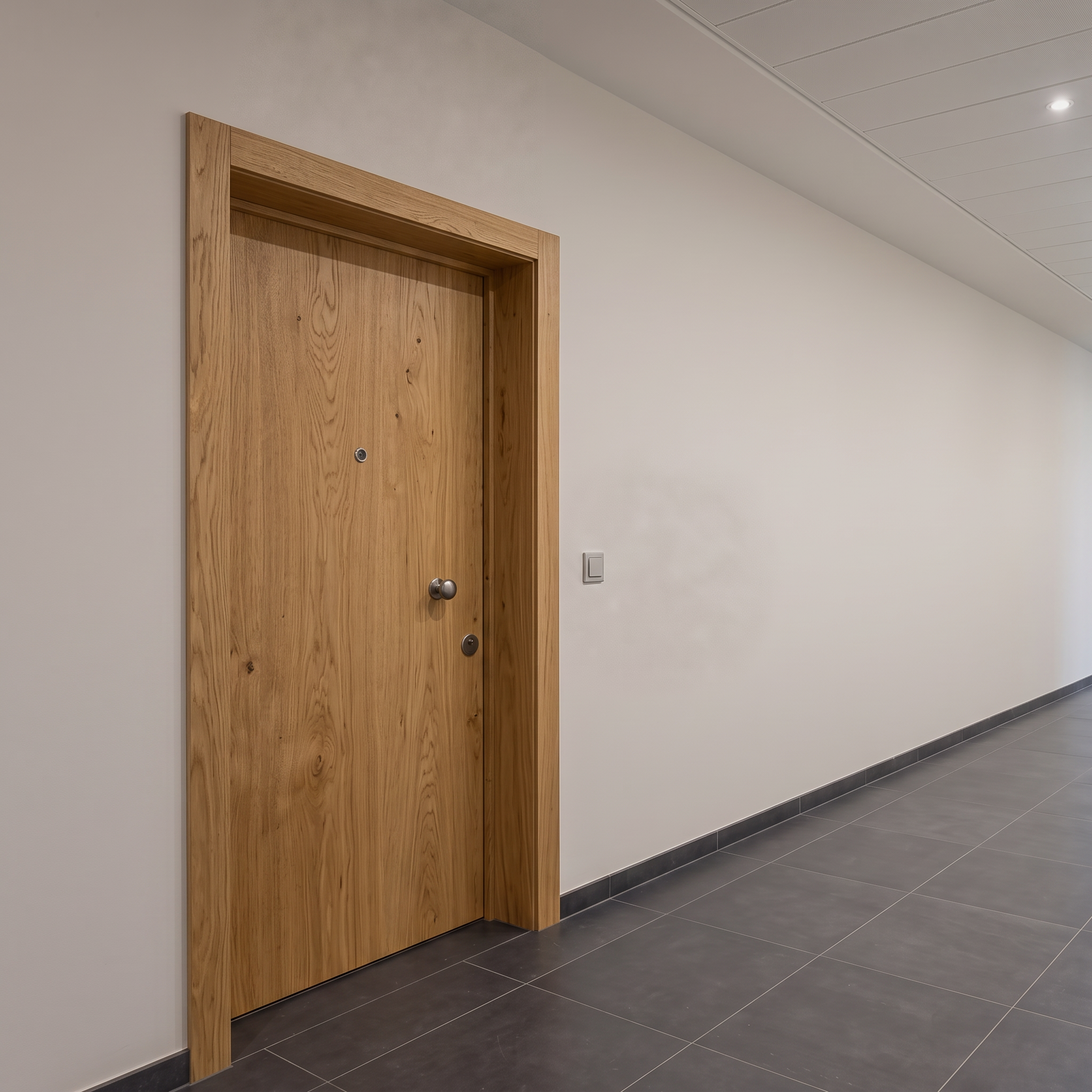 Fineer houtafwerking in eik — deur en kader in dezelfde houtstructuur.